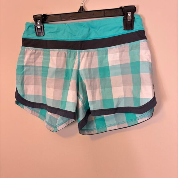 Lululemon Bright Teal Blue & Grey Plaid Athletic Speed Up Shorts 4 - Picture 4 of 7